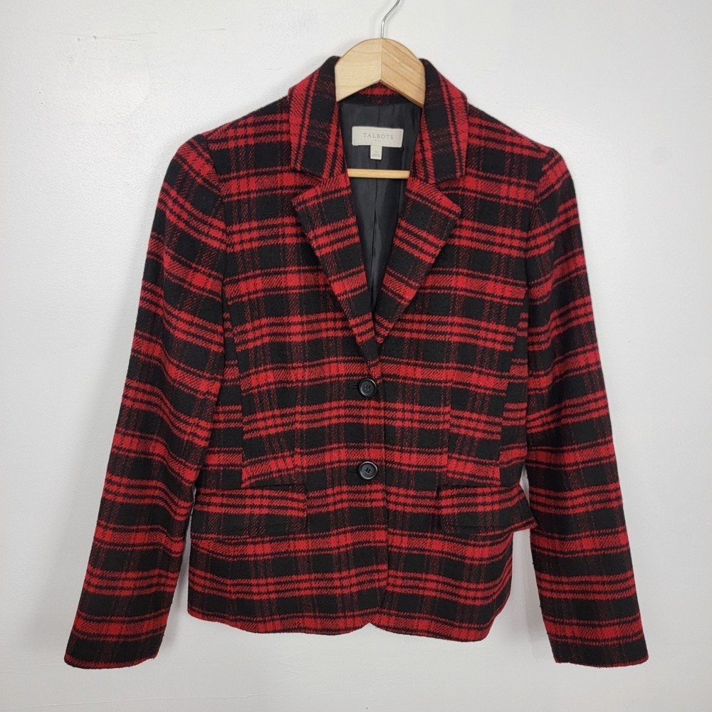 Talbots Red Black Plaid‎ Blazer Jacket Womens 6 Holiday Festival Office Career